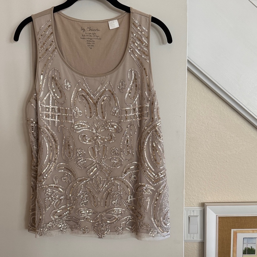 Chico's Beige Sequin Patterned Tank Top